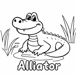 Cartoon friendly full-body Alligator that is smiling with teeth and a solid black cartoon eye in a swamp also the have the name of the animal underneath it in a bubble outline to color 