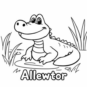 Cartoon friendly full-body Alligator that is smiling with teeth and a solid black cartoon eye in a swamp also the have the label of the animal underneath it in a bubble outline to color 