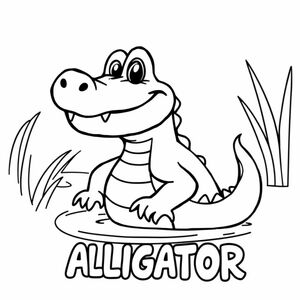 Cartoon friendly full-body Alligator that is smiling with teeth and a solid black cartoon eye in a swamp also the have "ALLIGATOR" underneath it in a bubble outline to color 