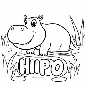 Cartoon friendly profile full-body hippopotamus that is smiling and a solid black cartoon eye swimming in a swamp. Also have "HIPPO" underneath it in a bubble outline to color 