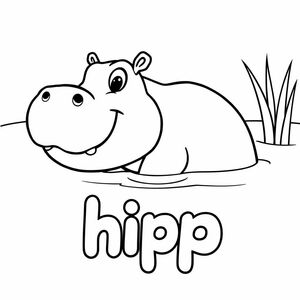 Cartoon friendly profile full-body hippopotamus that is smiling and a solid black cartoon eye swimming in a pond. Also have "hippo" in all capital letters underneath it in a bubble outline to color 