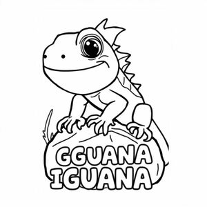Cartoon friendly iguana that is smiling and a solid black cartoon eye on a rock. Also have "IGUANA" underneath it in a bubble outline to color 