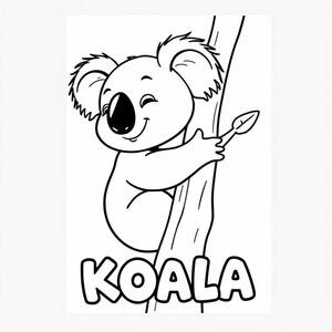 Cartoon friendly profile full-body koala that is smiling and a solid black cartoon eye hugging a tree. Also have "KOALA" underneath it in a bubble outline to color 