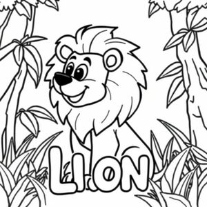 Cartoon friendly profile full-body lion that is smiling and a solid black cartoon eye in the jungle. Also have "LION" underneath it in a bubble outline to color 