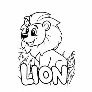 Cartoon friendly profile full-body lion that is smiling and a solid black cartoon eye swimming in the grasslands. Also have "LION" underneath it in a bubble outline to color 
