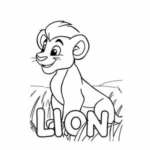 Hồ sơ thân thiện với hoạt hình Simba toàn thân đang mỉm cười và một con mắt hoạt hình đen rắn trên đồng cỏ. Cũng có "LION" bên dưới nó trong một đường viền bong bóng để tô màu 