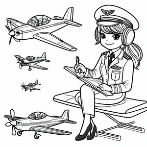 A girl pilot sitting on a bench next to airplanes