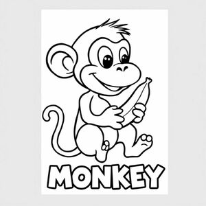 Cartoon friendly profile full-body monkey that is smiling and a solid black cartoon eye eating a banana. Also have "MONKEY" underneath it in a bubble outline to color 