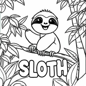 Cartoon friendly full-body happy sloth with solid black cartoon eye that is on a branch in the jungle. Also have "SLOTH" underneath it in a bubble outline to color 