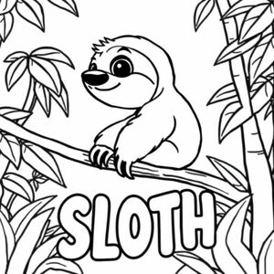 Cartoon friendly profile full-body smiling sloth with cartoon eyes on a branch in the jungle. Also have "SLOTH" underneath it in a bubble outline to color 