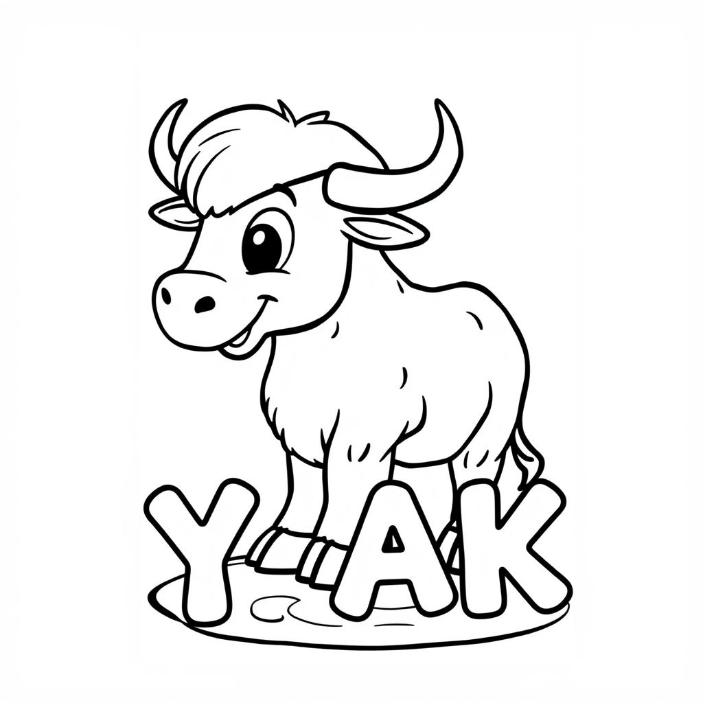 Cartoon friendly profile full-body yak that is smiling and a solid black cartoon eye by the pond. Also have "YAK" underneath it in a bubble outline to color 