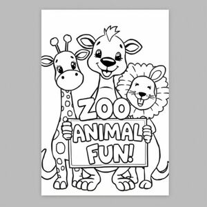 Cover page of a cute and friendly giraffe, kangaroo, and lion with one of them holding a sign that says "ZOO ANIMAL FUN" in bubbly font