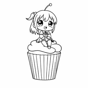 Chibi ngồi xuống như quả anh đào trên một chiếc bánh nướng nhỏ, cô ấy ăn mặc cho cô gái anime trung học, phong cách manga / anime và những đường nét táo bạo