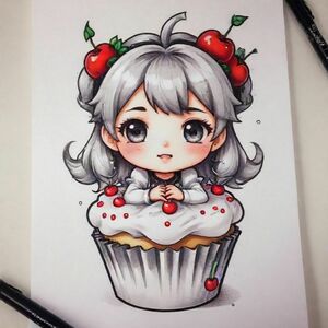 Chibi ngồi trên một quả anh đào nằm trên một chiếc bánh cupcake phủ đầy rắc, cô ấy ăn mặc cho cô gái anime trung học, phong cách manga / anime và những đường nét táo bạo