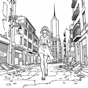 Phong cách manga / anime: Người phụ nữ đi bộ trên phố, trông duyên dáng vì cô ấy không nhận thấy sự tàn phá xung quanh mình. 