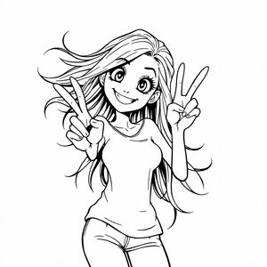 Phong cách manga / anime: Một người phụ nữ tạo dáng với một dấu hiệu hòa bình. cô ấy khập khiễng gầy gò và phóng đại theo cách hoạt hình, đôi mắt to, nụ cười sến súa, mái tóc dài và hoang dã
