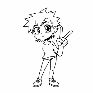 Phong cách manga / anime: Một người phụ nữ tạo dáng với một dấu hiệu hòa bình. sự khập khiễng và đầu của cô ấy được phóng đại theo cách hoạt hình, đôi mắt to, mái tóc ngắn và hoang dã

