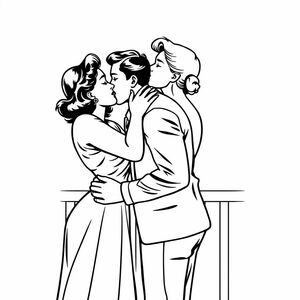Phong cách truyện tranh thập niên 1950: một người phụ nữ hôn chồng và sau đó là một người phụ nữ khác khi chồng cô ấy nhìn