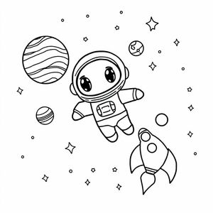  space, cartoon style, chibi astronaut, space ship, stars, planets, bold lines