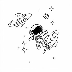  space, cartoon style, chibi astronaut, space ship, stars, planets