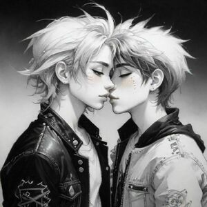  a beautiful woman, anime/manga style, kissing her darker boyfriend who is dressed up more as a punk