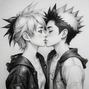  anime/manga style, a good girl type of woman, kissing her darker boyfriend who is more of a punk