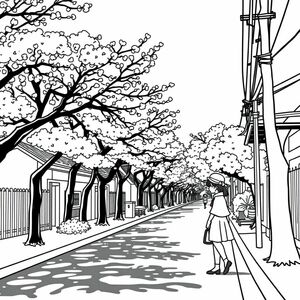 Một con phố có cây cối ở một bên, hoa anh đào, cây anh đào, những đường nét đậm/phong cách đơn giản, cô gái anime/managa xinh đẹp ở phía trước 