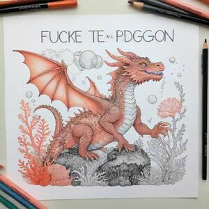 Một cái nhìn hồ sơ của một con rồng thân thiện, cầm một tấm biển với dòng chữ "Fuck me" được viết bằng chữ bong bóng màu trắng, trong hồ sơ, trong vương quốc rạn san hô dưới nước, phong cách siêu thực
