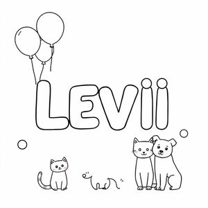 Viết LEVI trên trang. giúp bạn dễ dàng tô màu cho trẻ 3 tuổi. Thêm vào một số bóng bay, và mèo và chó.