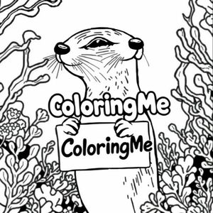 Ảnh chụp một con rái cá thân thiện, cầm một tấm biển có chữ "ColoringMe" được viết bằng chữ bong bóng màu trắng, trong hồ sơ, trong vương quốc rạn san hô dưới nước, phong cách siêu thực