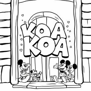 Dấu tên của tôi cho một cánh cửa ghi KOA bằng hình vẽ bậy bong bóng với Disney Mickey Mouse và bạn bè xung quanh tên dưới dạng đường viền đen trắng để nó có thể được tô màu
