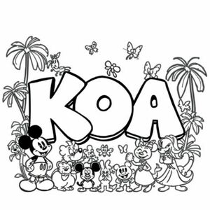  Tôi muốn bảng tên với tên KOA bằng hình vẽ bậy bong bóng với các nhân vật Disney xung quanh bên ngoài, tất cả đều có màu đen trắng, dày và đậm để có thể tô màu