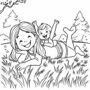 bé gái 4 tuổi nằm trên mặt đất.  Em gái bé bỏng của cô ấy đang ngồi trên bụng các cô gái cười