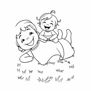 bé gái 4 tuổi nằm ngửa trên mặt đất. Em gái bé bỏng của cô ấy đang ngồi trên bụng các cô gái cười