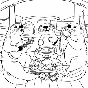 Otters playing jazz in on a river boat with gambling