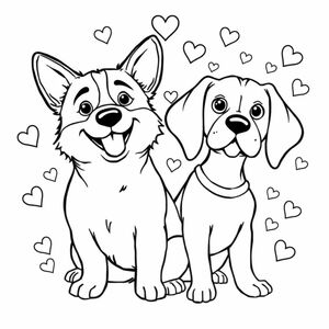 Hai chú chó dễ thương, một chú chó corgi, một chú chó săn với trái tim ở phía sau 