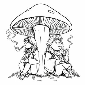 George Harrison và Bilbo Baggins hút tẩu thuốc khi họ dựa vào một cây nấm khổng lồ