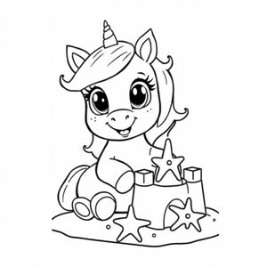 
baby unicorn: Oversized eyes, small horn nub, fluffy mane/tail 
Style : Bold outlines, nooshading, whimsical details, no color(for coloring book)
Format : 8.5x11 
baby unicorn Building sandcastle with starfish