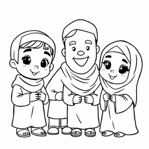Cute Muslim children visiting their grandparents, cartoon style, big eyes, rounded faces, pastel colors, flat design, soft background, children’s book illustration