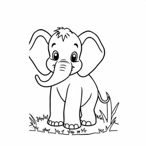 Line art coloring page, a large capital letter 'E', with a cute cartoon elephant standing next to it. Include simple background elements like grass and a tree. Black and white outline, no color."