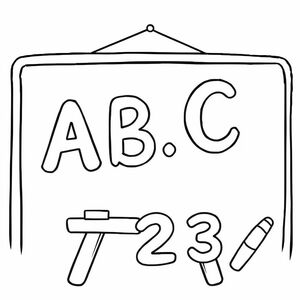 Bảng đen có chữ "ABC" và "123", phong cách phác thảo hoạt hình, đường nét rõ ràng, nền trắng, không trang trí thêm