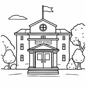 A closed school building with a flag on top, basic black-and-white outline, front view, simple shapes, no trees or crowd, white background