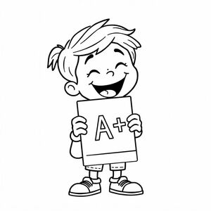 Một học sinh tự hào cầm phiếu báo cáo, có thể nhìn thấy "A+", khuôn mặt mỉm cười, hình ảnh đơn giản không có nền

