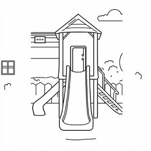 Một slide trên sân chơi trường học, nghệ thuật đường nét hoạt hình, thiết kế tối giản, mục đơn đặt giữa, nền trắng

