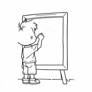 Một cậu bé viết trên bảng đen, nghệ thuật đường nét theo phong cách hoạt hình, tư thế đứng, bảng đen viết ABC, nền trắng

