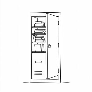 Một tủ khóa trường học thẳng đứng với cửa mở, một vài vật dụng bên trong như sách và hộp cơm trưa, phong cách tối giản, nền trắng