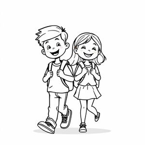Một cậu bé và cô gái đi bộ bên nhau đến trường với ba lô, phong cách hoạt hình đen trắng, nền tối giản