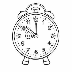 Một chiếc đồng hồ học sinh hiển thị 8:00 sáng, khuôn mặt to, kim đậm, phong cách hoạt hình, đường viền dày