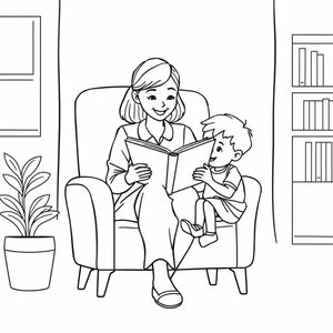 Một giáo viên ngồi trên ghế đọc sách cho 2 đứa trẻ, nghệ thuật đường nét tối giản, bố cục trung tâm
