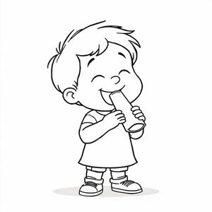 Một đứa trẻ thổi còi giấy, hình vẽ hoạt hình đen trắng, chủ đề được căn giữa, không có phụ